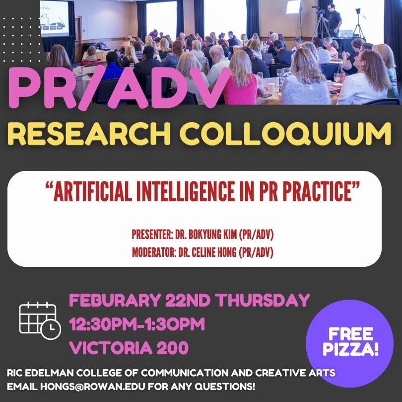 Flyer for Public Relations & Advertising Colloquium about ARTIFICIAL INTELLIGENCE IN PR PRACTICE on 2/22 at 12:30pm-1:30pm in Victoria 200. 