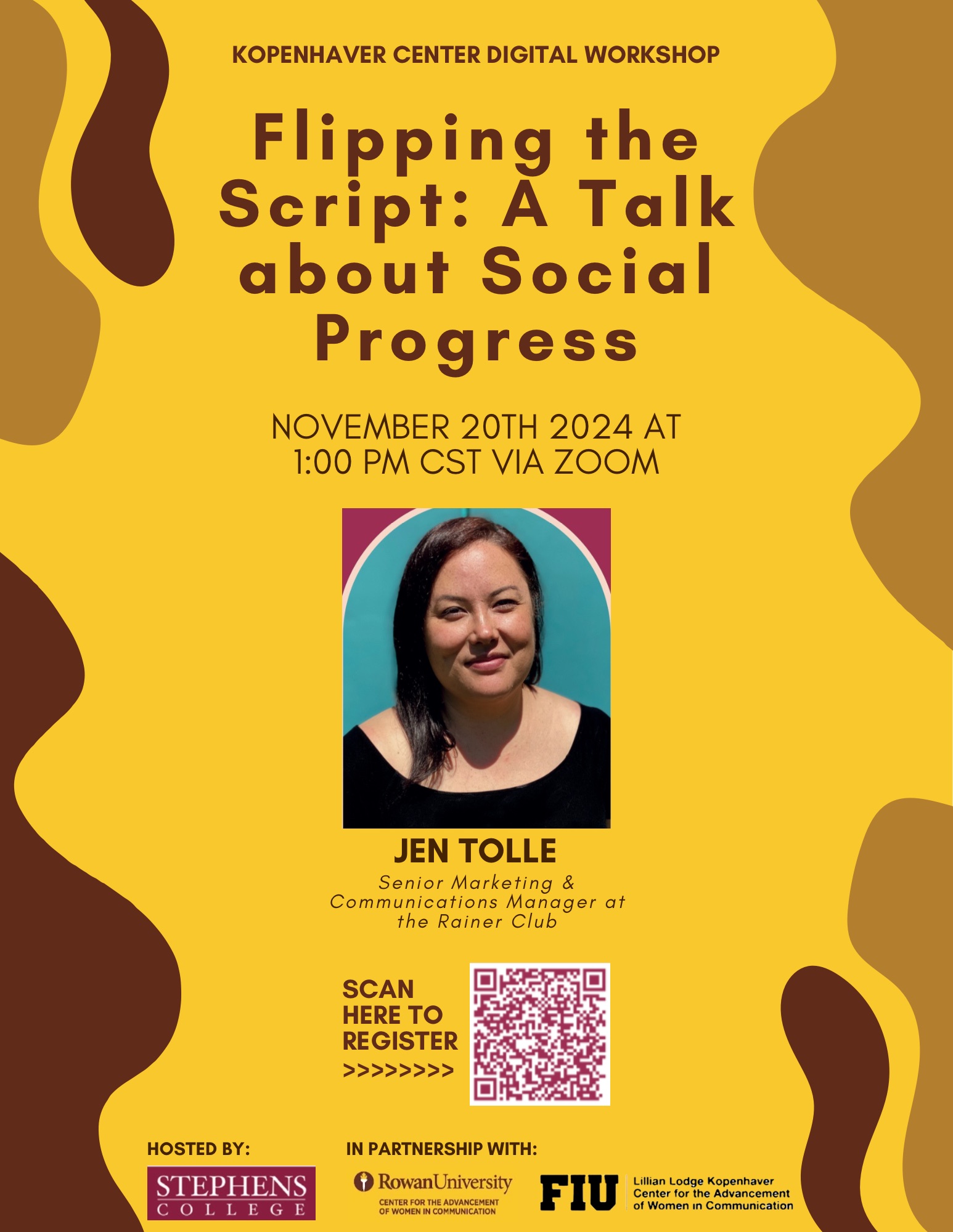 On November 11th, 2024 at 12 PM via Zoom, Stephen’s college will be hosting Jen Tole for a virtual conversation entitled “Flipping the Script: A Talk about Social Progress”.